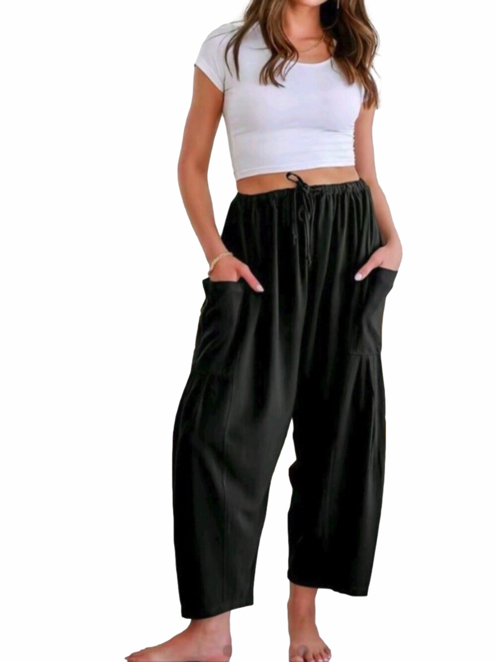 Tarse Women's Black Wide Leg Linen Blend Elastic Waist Pants Size Small